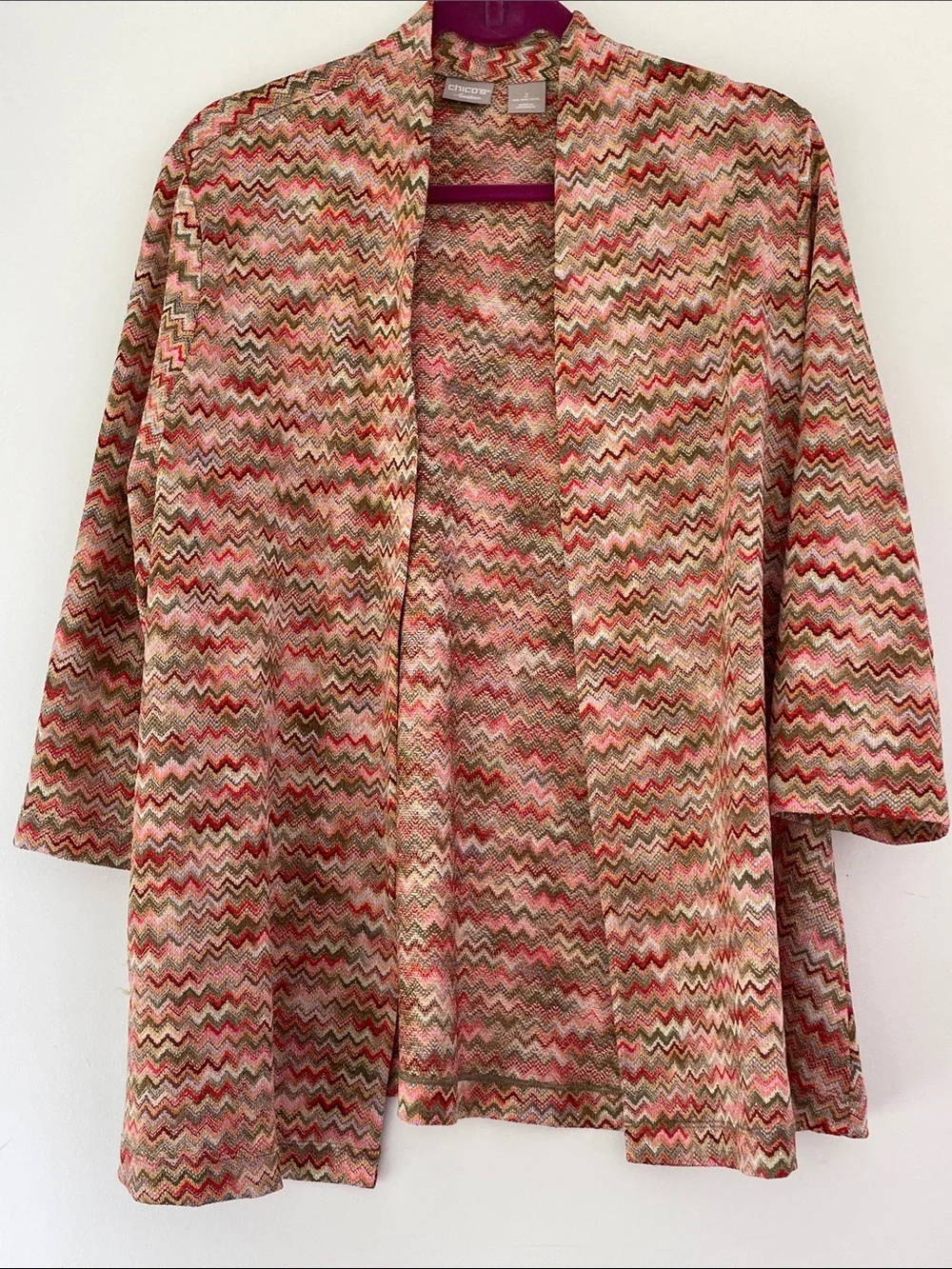 Chicos Travelers Wavy Chevron Open Front Cardigan in Coral & Olive 12/14